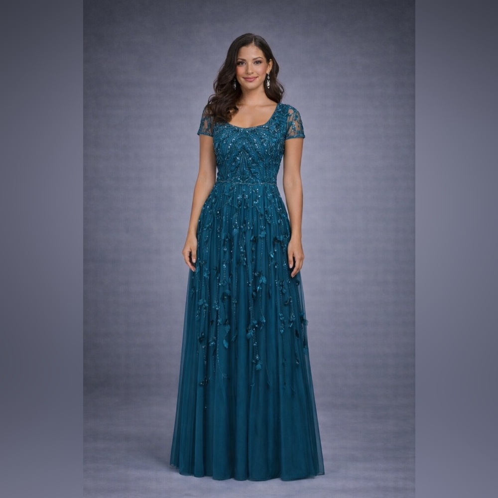 Adrianna Papell Teal Beaded Tulle Gown SZ 8 NWT Evening Formal Wedding GALA MOB
